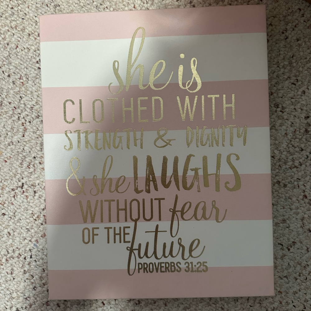 Pink and White Striped Wall Art with Gold Text